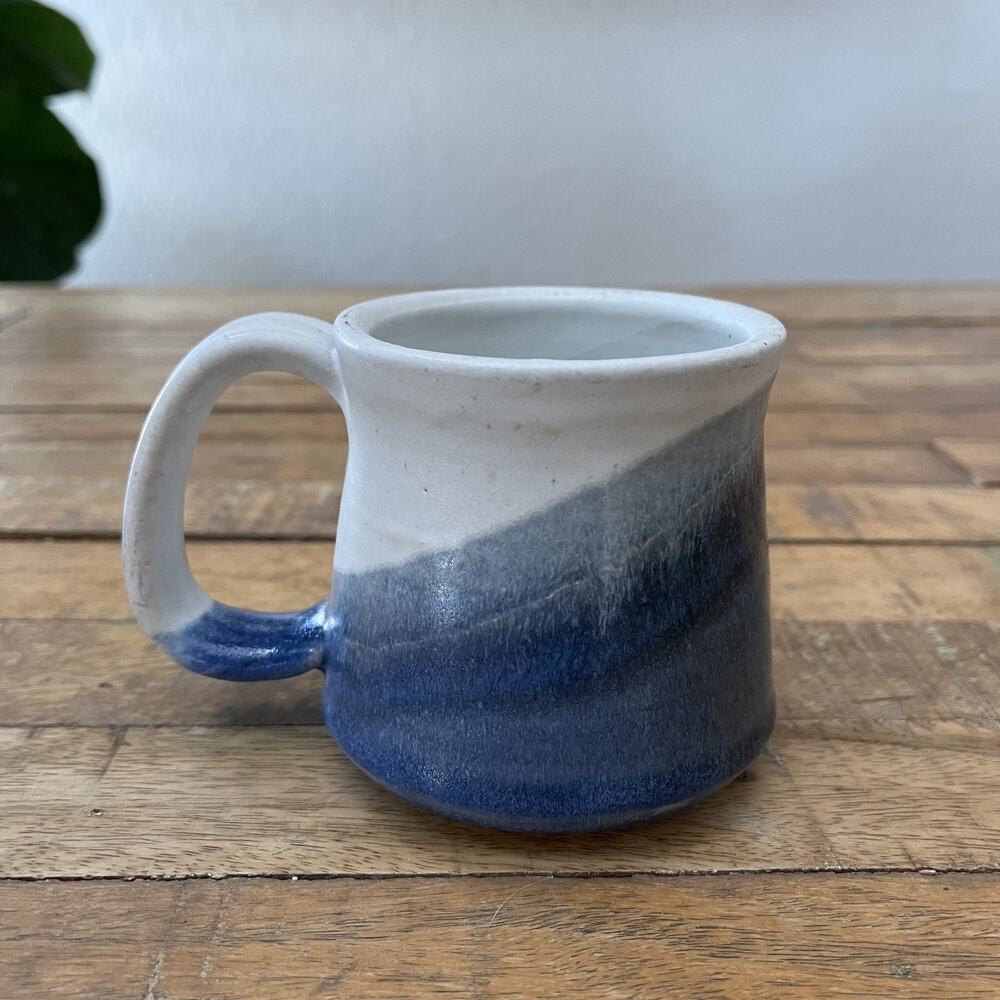 Hand Thrown Studio Art Pottery Blue White Dip Glaze Heavy Mug Cup Signed